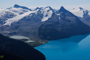 The snow melts on the mountain tops and fills three lakes one after another.