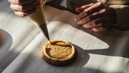 Close-up shot of hands decorating a cookie with icing using a piping bag