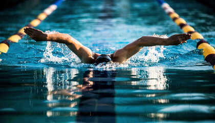 Dynamic view of a swimmer powerfully executing the butterfly stroke in a pool during a competitive event