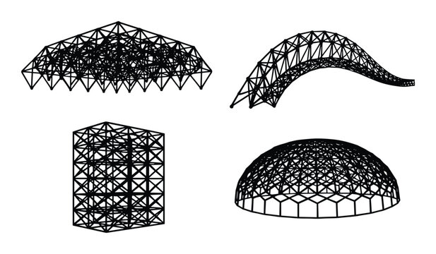 Dome frameworks and truss frameworks with geometric design structures for architectural work