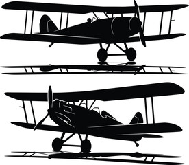 Vintage biplane airplane silhouettes, classic propeller aircraft flying, early aviation transport history illustration isolated on white background vector art design © MD SHAHARIR
