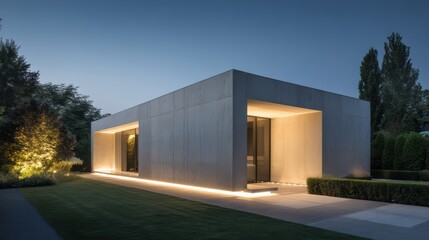 Obraz premium A minimalist cube shaped home with smooth concrete walls and integrated lighting The building rests manicured lawn with