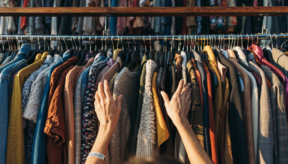 Person's hands selecting diverse garments from a vibrant clothing rack, enjoying a shopping experience