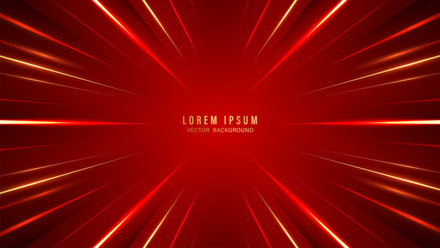Abstract red and gold speed line background. Dynamic glowing light rays with zoom effect