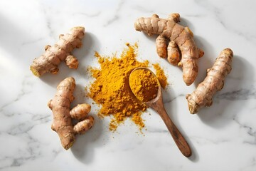 Fresh Turmeric Roots and Turmeric Powder Flat Lay on Marble Table