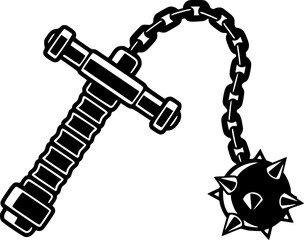medieval flail weapon, silhouette, black and white
