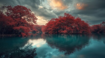 Autumn reflection in serene lake