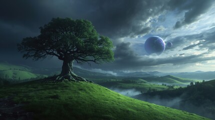 Majestic tree overlooking a mystical landscape