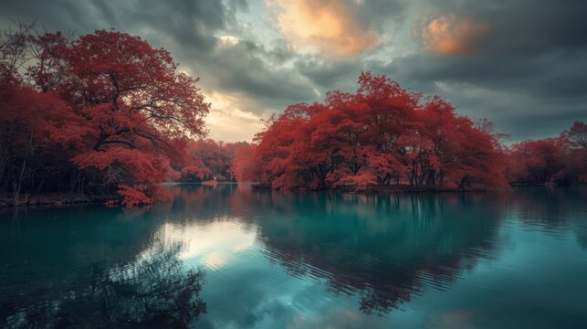 Autumn reflection in serene lake - Powered by Adobe
