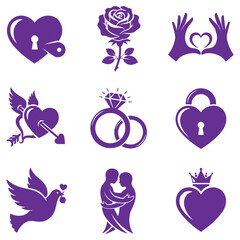 Collection of purple love and relationship icons featuring hearts rings and hands forming a heart shape