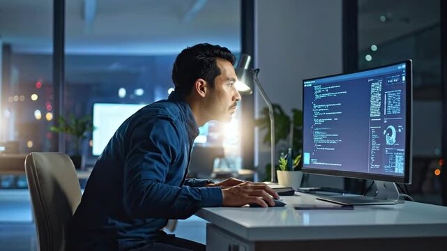 Man working late at night on computer in office.