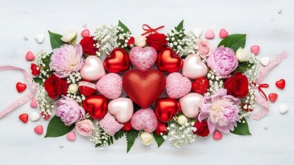 A Happy Valentine's Day celebration with heart-shaped decorations, flowers, and chocolates arranged beautifully on a white background