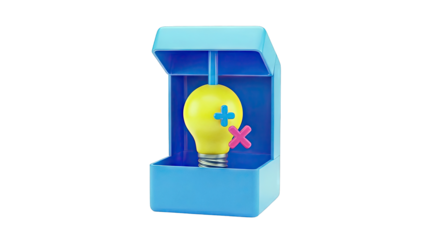 3D Render of a Light Bulb with Plus and Minus Symbols in a Blue Box