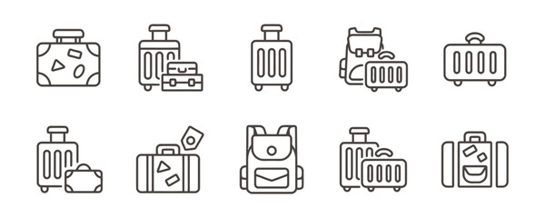 Luggage Icons with Suitcases and Backpacks for Travel Preparation or Tourist With Baggage, Handbags, Carriers, Briefcases, Duffels, Kits, Holdalls and Trunks