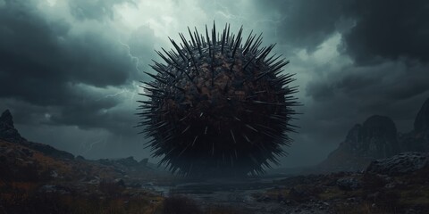 Mysterious sphere in stormy landscape