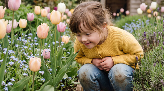 Curious girl with Down syndrome looking at a ladybug on a tulip in a spring garden