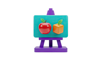 3D Render of a Teal Easel with Apple and Orange Cube