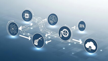 Digital transformation concept with AI, RPA, and robotics icons connected in a workflow.