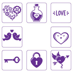 Collection of purple lovethemed icons featuring hearts birds keys and potions isolated on a transparent background