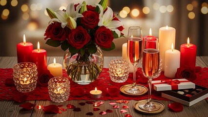 A romantic dinner table setting with flowers, candles, and champagne glasses, celebrating a Happy Valentine's Day evening at home
