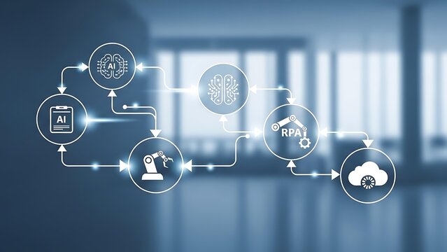 Conceptual diagram illustrating the integration of artificial intelligence, robotics, and cloud computing for automation. - Powered by Adobe