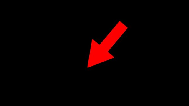 Red diagonal arrow animation pointing down left on transparent background. High quality 4K directional indicator for tutorials, call to action, presentations, navigation, overlays, and motion graphics