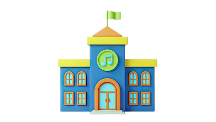 Cartoon Music School Building with Musical Note Emblem