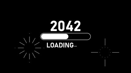 Year 2042 loading progress bar with futuristic digital display and abstract light bursts on black background