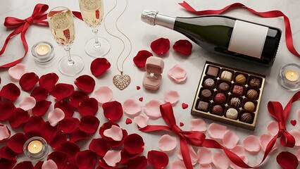 Celebrating Happy Valentine's Day with Luxury Chocolates and Champagne in an Elegant Setting