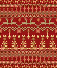 Seamless pixel art Christmas pattern in red and gold color palette inspired by traditional Nordic and knitted sweater designs.