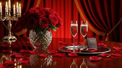 A luxurious Happy Valentine's Day setting with roses, champagne, and candles on a romantic dinner table