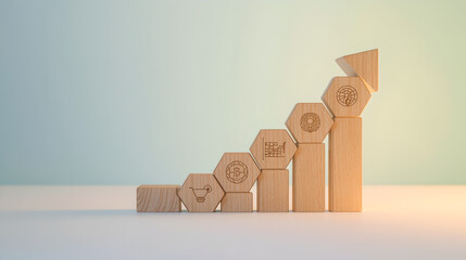Increasing business growth bar chart made of wooden blocks with financial and marketing icons.