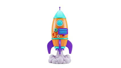 3D Rendered Cartoon Rocket Launching with Gears and Chat Bubble