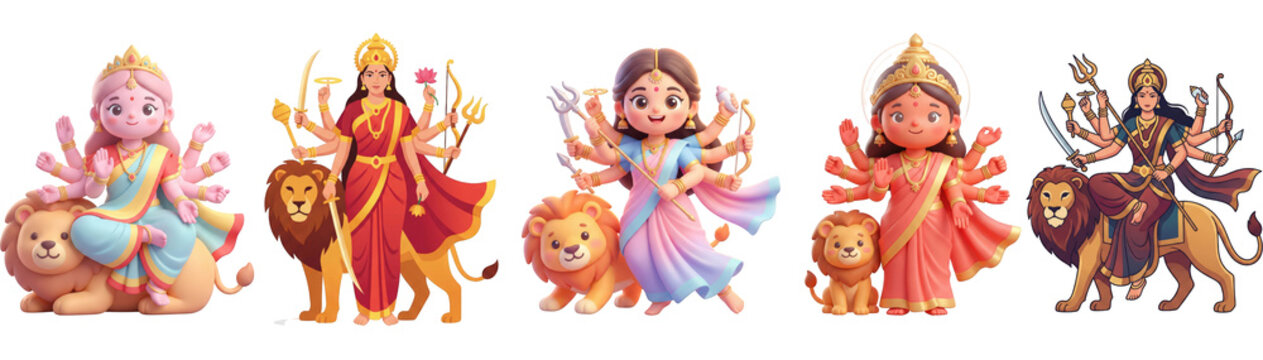 Five Hindu Goddesses Including Lakshmi and Durga in Cartoon and Traditional Styles with Lions Indian deities