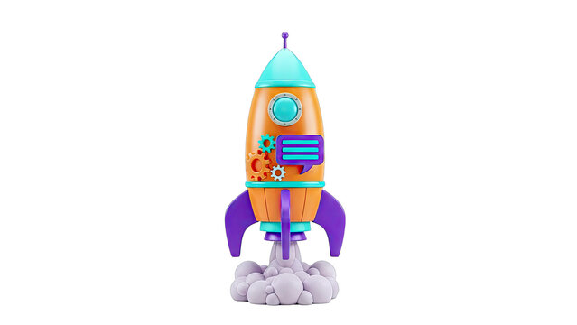 3D Rendered Cartoon Rocket Launching with Gears and Chat Bubble - Powered by Adobe