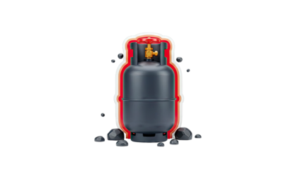 Gas Cylinder with Red Outline and Rocks on White Background