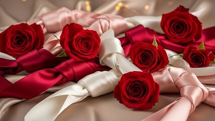 Happy Valentine's Day still life featuring red roses and satin ribbons on a soft fabric background