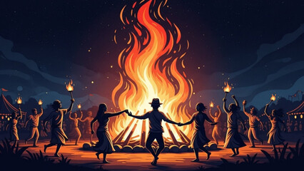 People dancing around a large bonfire at night with torches, silhouettes in warm light