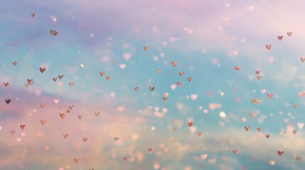 Pastel sky filled with countless floating hearts, creating a dreamy romantic backdrop.