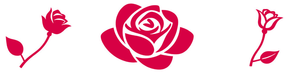 Set of red rose floral icons in a clean flat vector style. Romantic flower symbols isolated on white, ideal for design, decoration, invitations, and love or wedding concepts.