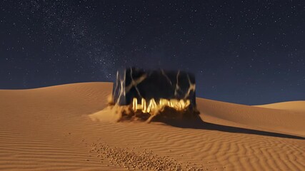 Digital Countdown From Three to Happy New Year with Glowing Neon Numbers and Explosive Fireworks Over a Sandy Desert Landscape Under a Starry Night Sky - Powered by Adobe