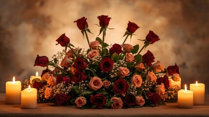 Elegant rose bouquet with candles
