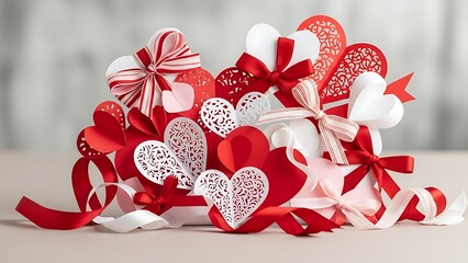 A bouquet of intricately designed red and white hearts with ribbons, celebrating a Happy Valentine's Day on a soft surface