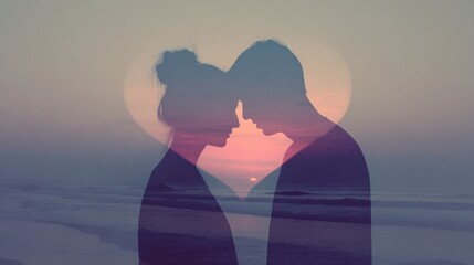 Two lovers kiss on a sunset beach, their silhouettes blending in a dreamy double exposure.