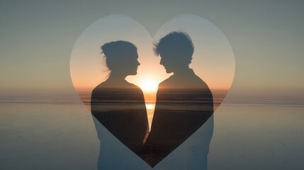 Silhouetted couple inside a heart outline at sunset on a beach.