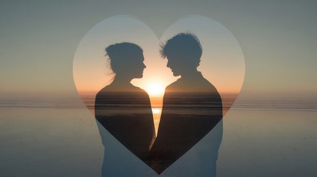 Silhouetted couple inside a heart outline at sunset on a beach.