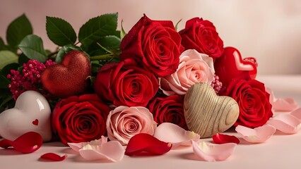 Happy Valentine's Day Celebration with Roses and Hearts in a Serene Environment