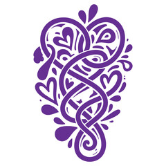 Intricate Purple Heart Design Illustration with Swirling Patterns and Drops