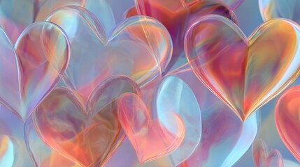 Colorful translucent hearts overlapping in a dreamy abstract composition.