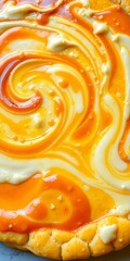 Abstract swirls of sauce and cheese form a creamy, edible landscape on a golden crust,  food composition,  decorative pizza